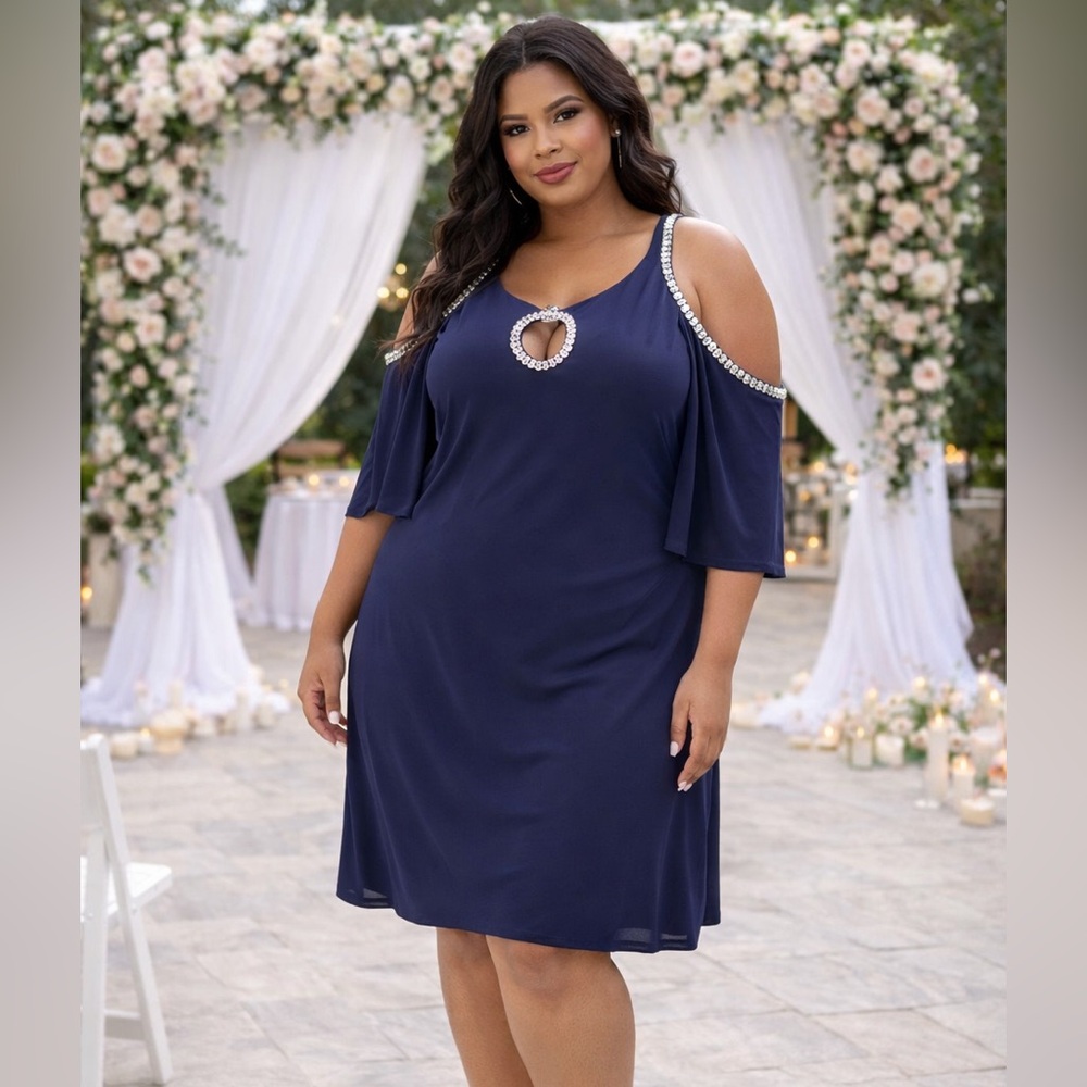 J.B.S. Women’s Blue Cold-Shoulder Embellished Midi Dress | Size: 1X | Like New